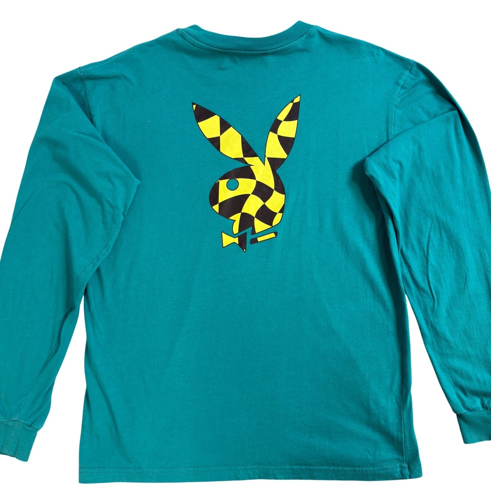 Playboy by Pacsun Men's Teal Long Sleeve T-Shirt with Checkered Bunny Logo